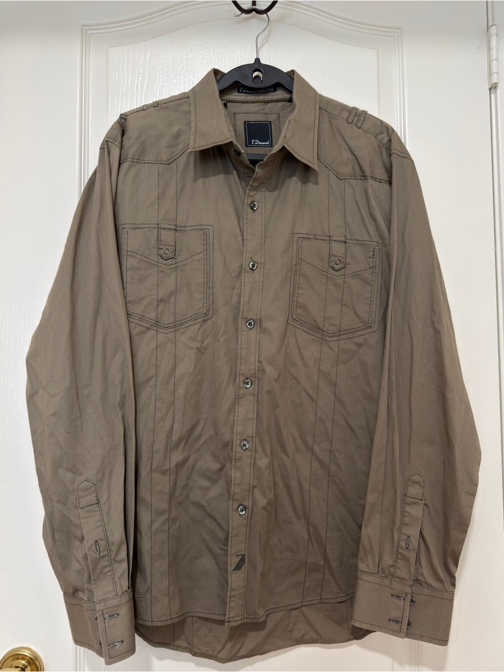 7 Diamonds Khaki Utility Button Up Shirt Men's XL Stretch Military Casual - Picture 1 of 4